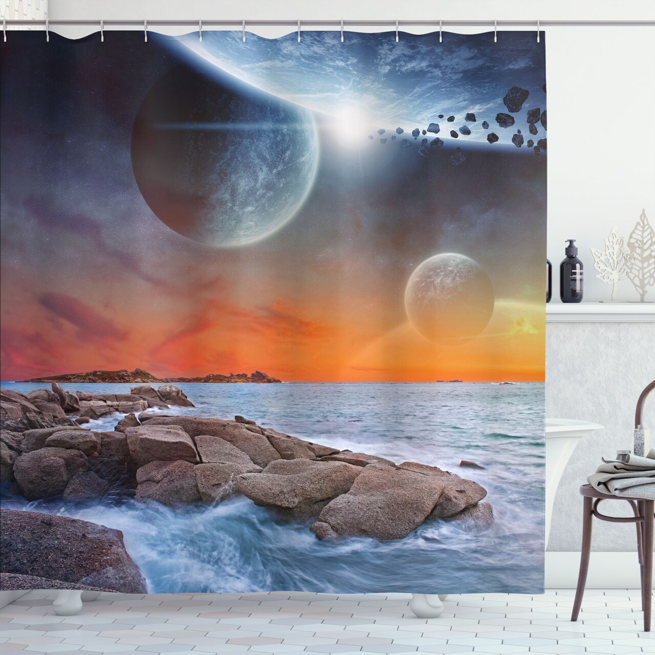 Ambesonne Galaxy Shower Curtain, Planet Landscape View from a Rocky Beach Ocean Science Room Theme, Cloth Fabric Bathroom Decor Set with Hooks, 69" W x 70" L, Orange Umber Blue